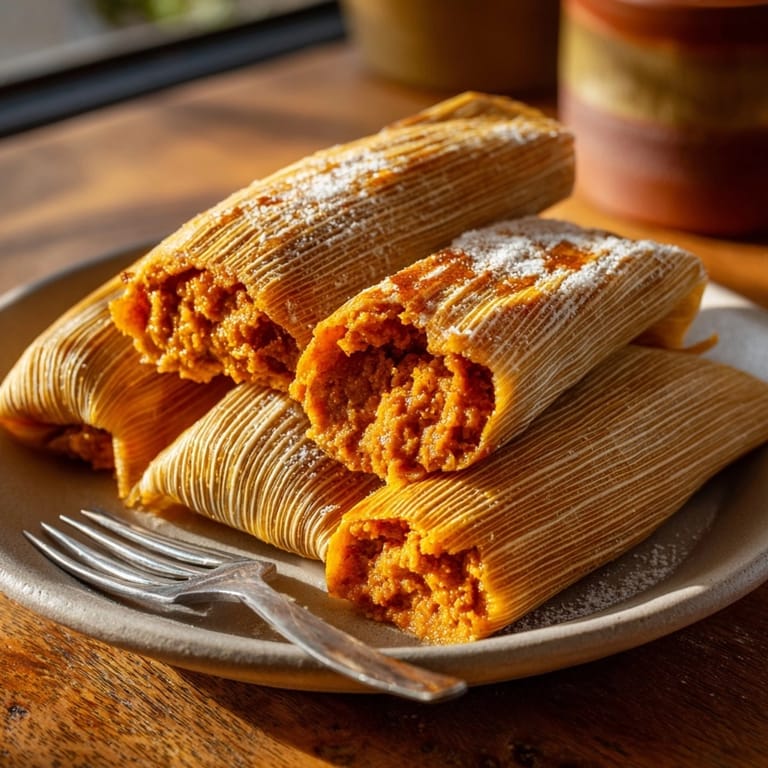 Warm, comforting Pumpkin Spice Tamales, a delightful dessert served steamed in corn husks.