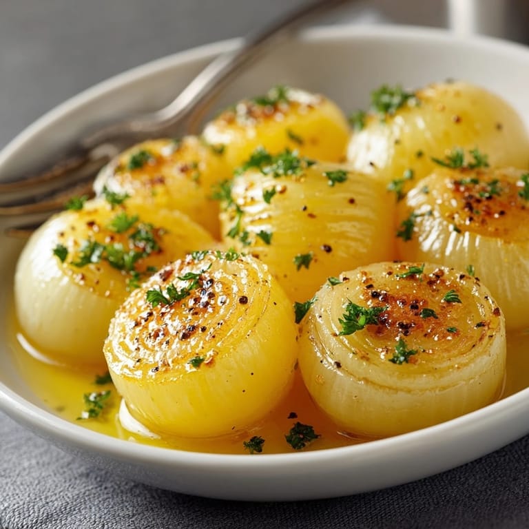 Close-up of gently simmered Onion Boil, glistening with olive oil and fresh parsley.
