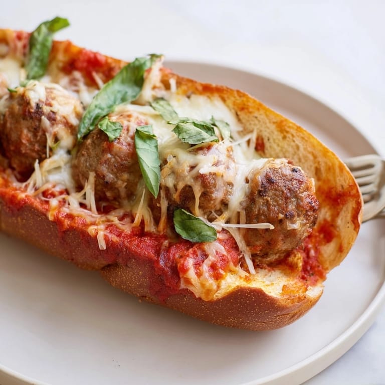 Warm, toasted Meatball Sub, loaded with savory meatballs, tangy sauce, and bubbly, browned cheese.