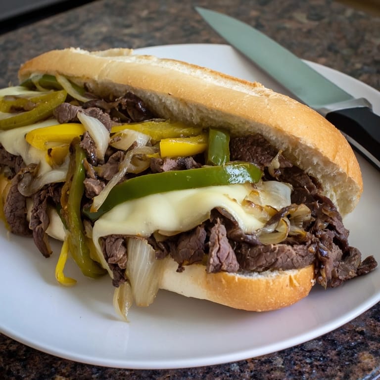 Hot, freshly made Philly Cheesesteak on a toasted roll, ready to enjoy with fries.