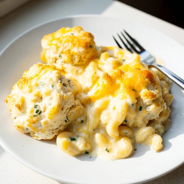 Homemade Mac and Cheese Chive Biscuit Bake with bubbling cheese and herbs.