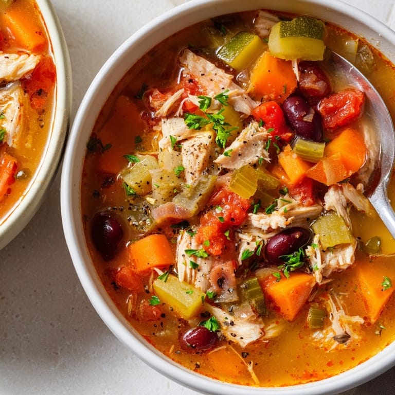 Homemade Cajun Turkey Veggie Soup recipe showcasing tender turkey, vegetables, and flavorful broth.