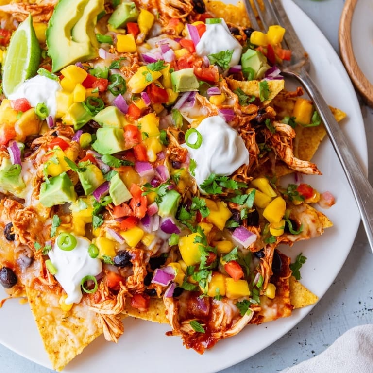 A close up of cheesy Mango Salsa BBQ Chicken Nachos, smelling smoky and flavorful.