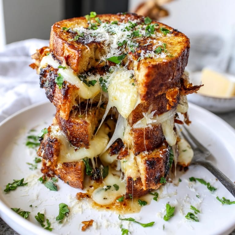 Hot Cheesy Garlic French Toast Stacks with a sprinkle of fresh parsley atop.