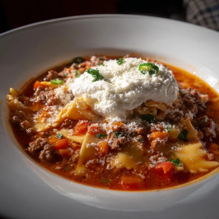 Savor this comforting lasagne soup topped with rich cheeses and spicy jalapeños.  