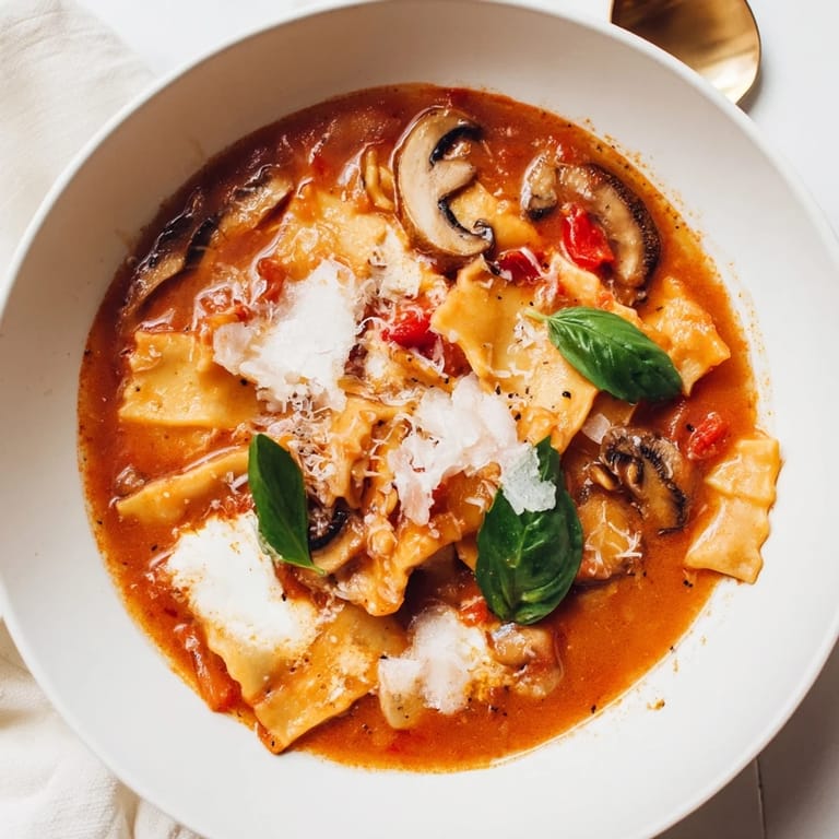 Bowl of warm Lasagne Soup topped with golden, crunchy mushroom crisps.  