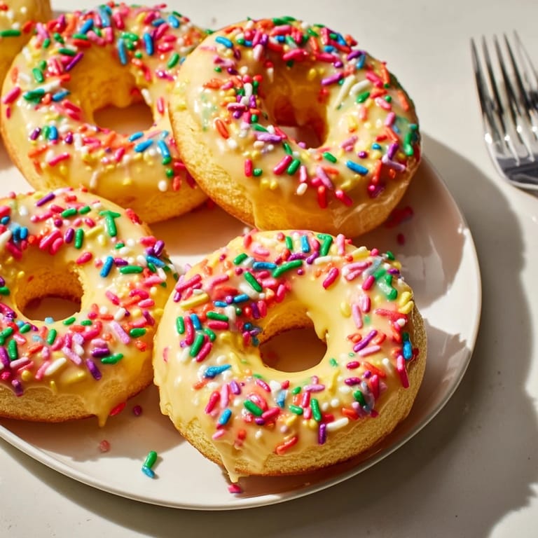 Vibrant cream soda birthday cake donuts drizzled in sweet glaze and festive toppings.