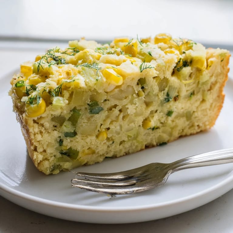 Warm slices of Dill Pickle Sweet Corn Pancake Loaf, perfect for brunch gatherings.  