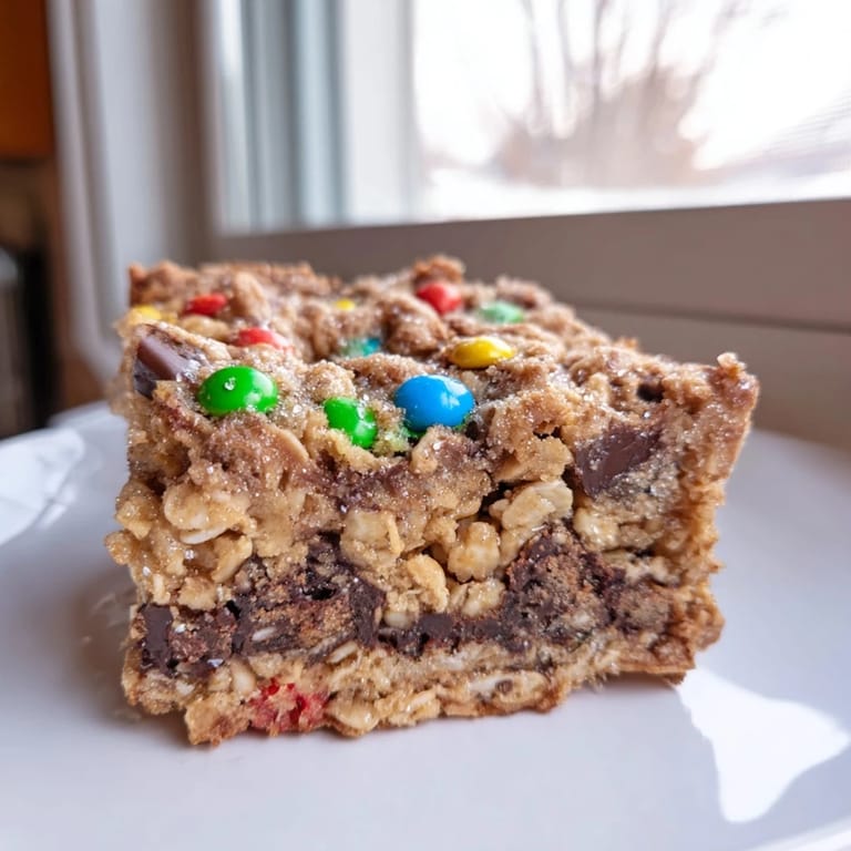 Warm, golden cookie bars filled with oats and chocolate, topped with cinnamon sugar.  