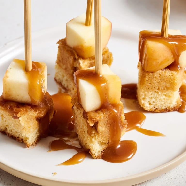 Deliciously sweet Caramel Apple Cheddar Muffin Skewers drizzled with luscious homemade caramel.  