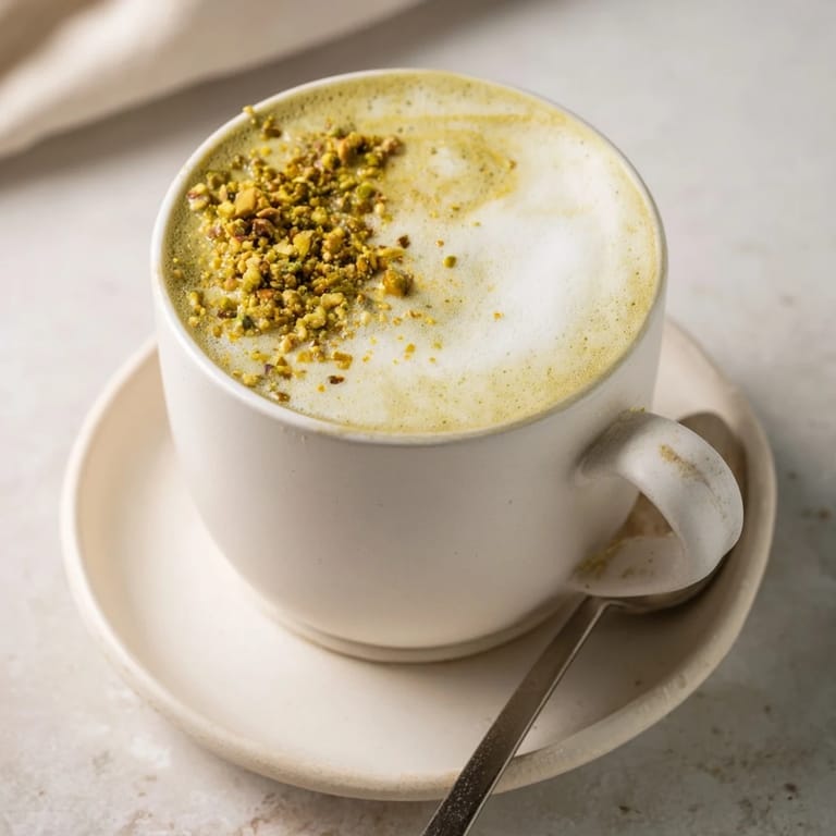 Rich pistachio milk latte elegantly garnished, offering a nutty coffee experience.