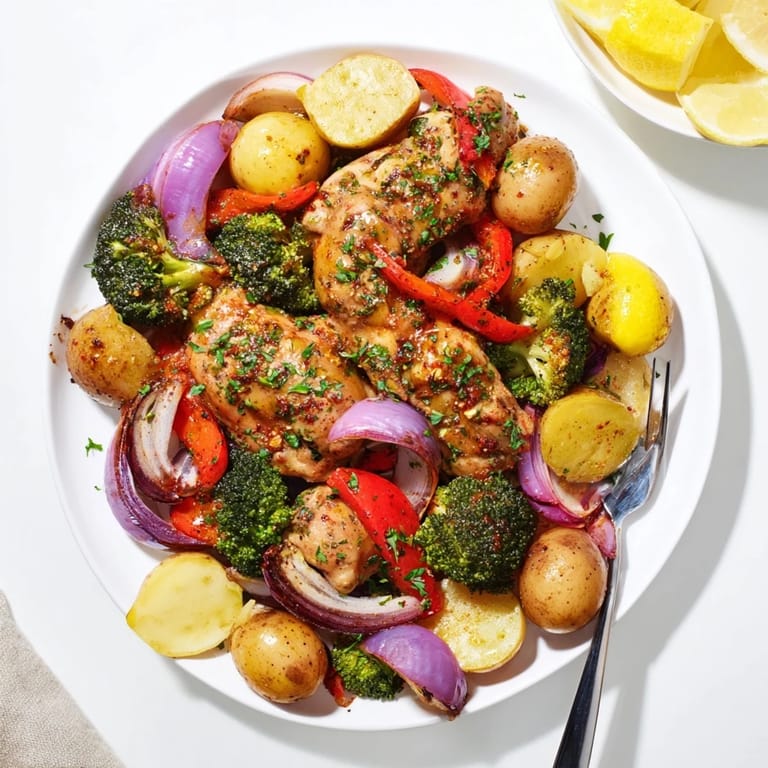 Colorful Lazy Gourmet Chicken & Vegetable One-Pot, drizzled with olive oil and garnished with parsley.