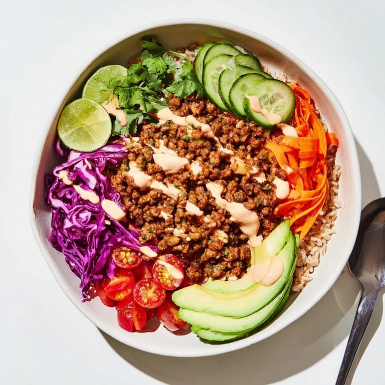 Enjoy a hearty Plant-Based Meat Bowl filled with quinoa, avocado, and flavorful seasonings.