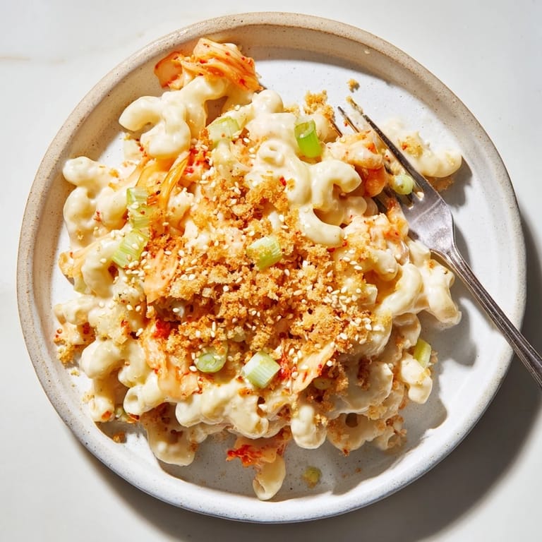 Bowls of Spicy Kimchi Mac & Cheese, bursting with cheesy goodness and tangy kimchi.  