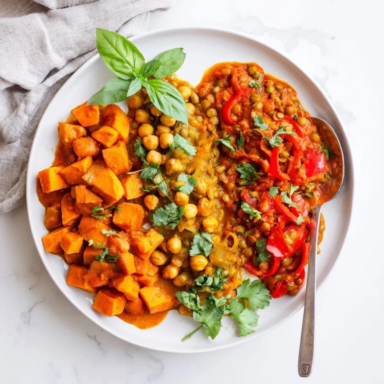 Thai Red Lentil Curry in a pot, featuring colorful vegetables and creamy coconut milk.  