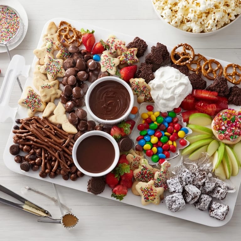 Beautifully arranged festive dessert board featuring cookies, chocolates, and fresh fruits.  