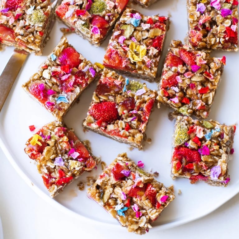 Vibrant homemade gummies complement a chewy oat base in these delightful snack bars.  