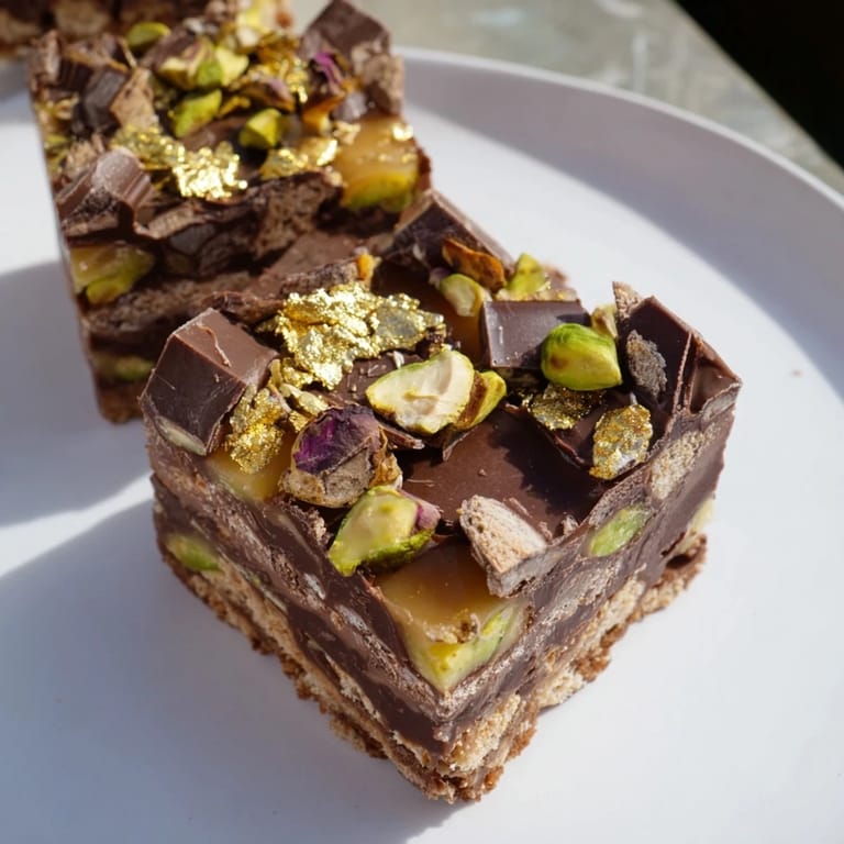 Indulgent dessert bars inspired by chocolate, adorned with rose petals and pistachios.