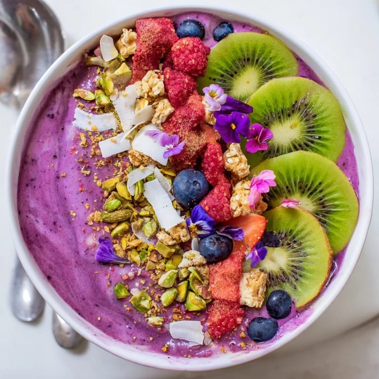 Colorful smoothie bowls showcasing creamy layers and crunchy pistachios for a refreshing start.  