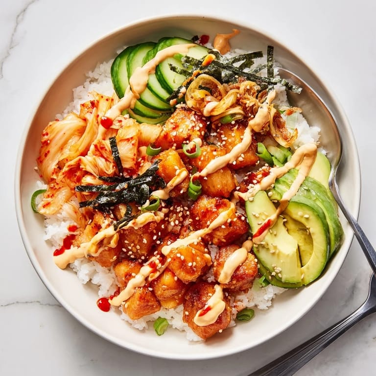 Deliciously vibrant Crispy Salmon Rice Bowl with golden rice and crunchy garlic garnish.  