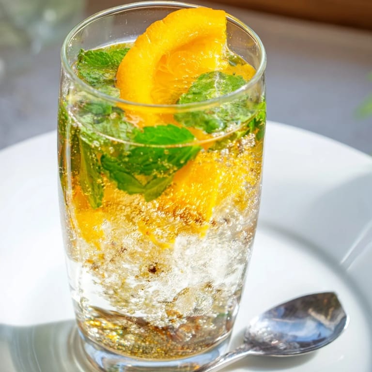 Sparkling probiotic soda mocktail served over ice, garnished with orange slices.  