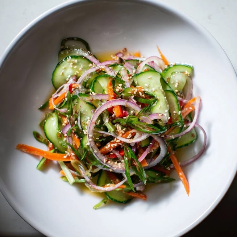 Crisp cucumber salad remix garnished with toasted sesame seeds, perfect as a light appetizer.
