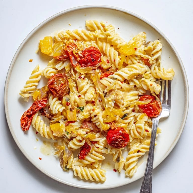 Delicious baked feta pasta served warm, featuring sun-dried tomatoes and fresh basil.