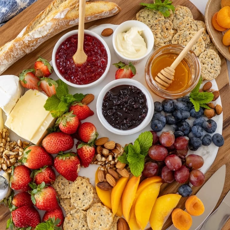 A vibrant jam-infused brunch board showcasing sweet jams and crunchy crackers beautifully.