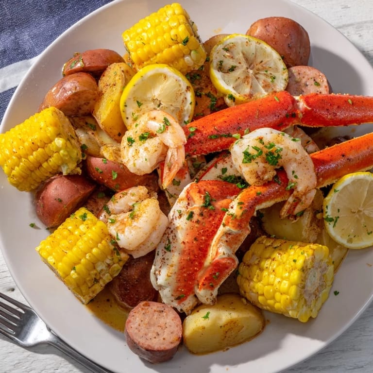 Flavorful seafood boil served hot, with juicy crab legs and spicy sausage.  