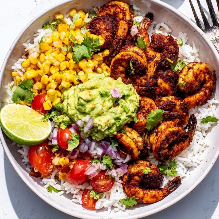 Flavorful blackened shrimp served over warm rice with fresh avocado corn salsa.  