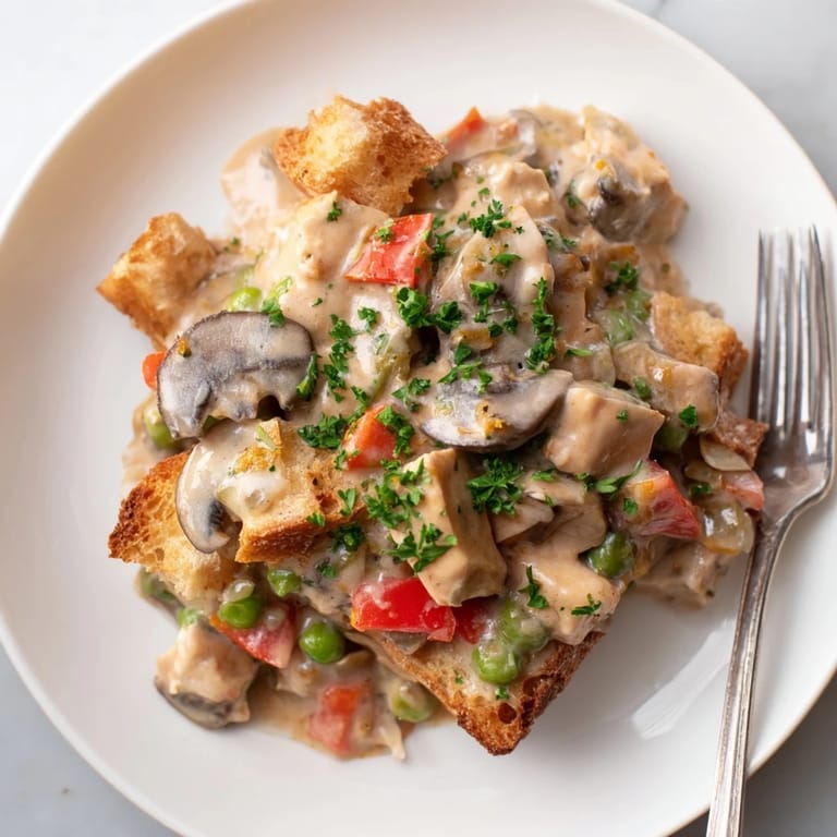 Warm Chicken à la King topped with vibrant veggies, nestled on crispy toast.  