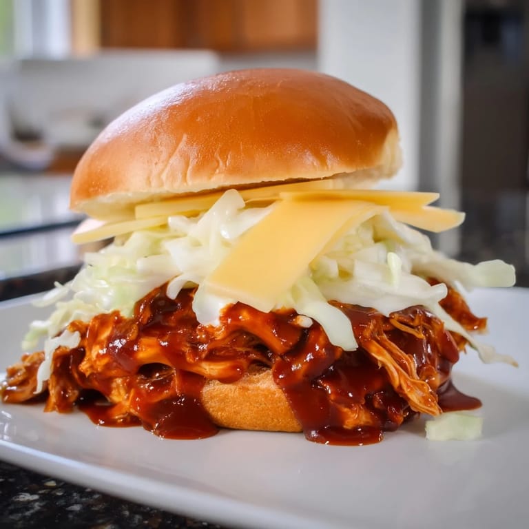 A close-up of delicious BBQ Chicken Sliders, packed with flavorful chicken and creamy coleslaw.