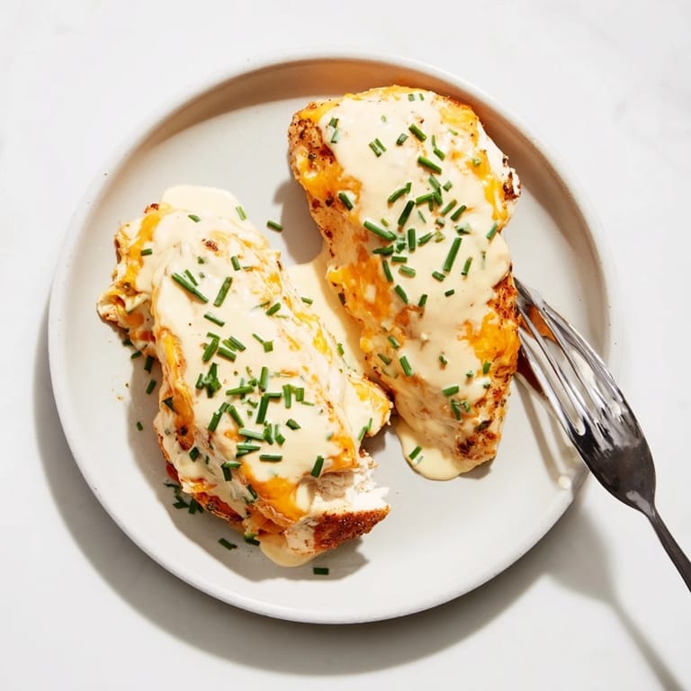 A close-up of a creamy and cheesy Cheddar Ranch Chicken Bake topped with fresh green herbs.