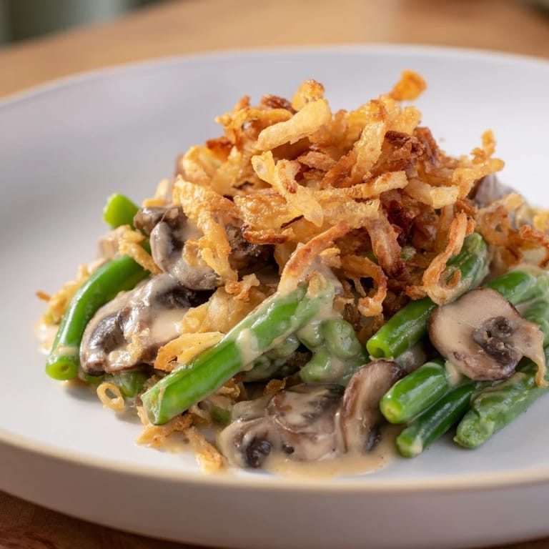 This homemade Old-School Green Bean Casserole shows off tender green beans in a rich, mushroom-based sauce.