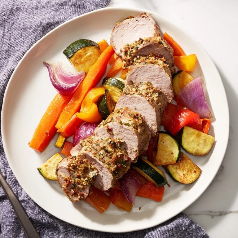 Juicy Roasted Garlic Pork Tenderloin with vibrant, oven-roasted veggies, a complete, delicious meal.