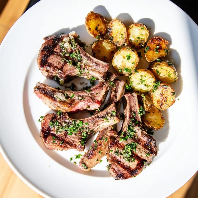Plate of delicious Herbed Lamb Chops & Roasted Potatoes, garnished with fresh parsley and lemon.