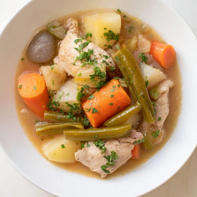 Enjoy a rich and flavorful Slow-Cooker Chicken & Vegetable Stew, perfect for a cozy weeknight meal.