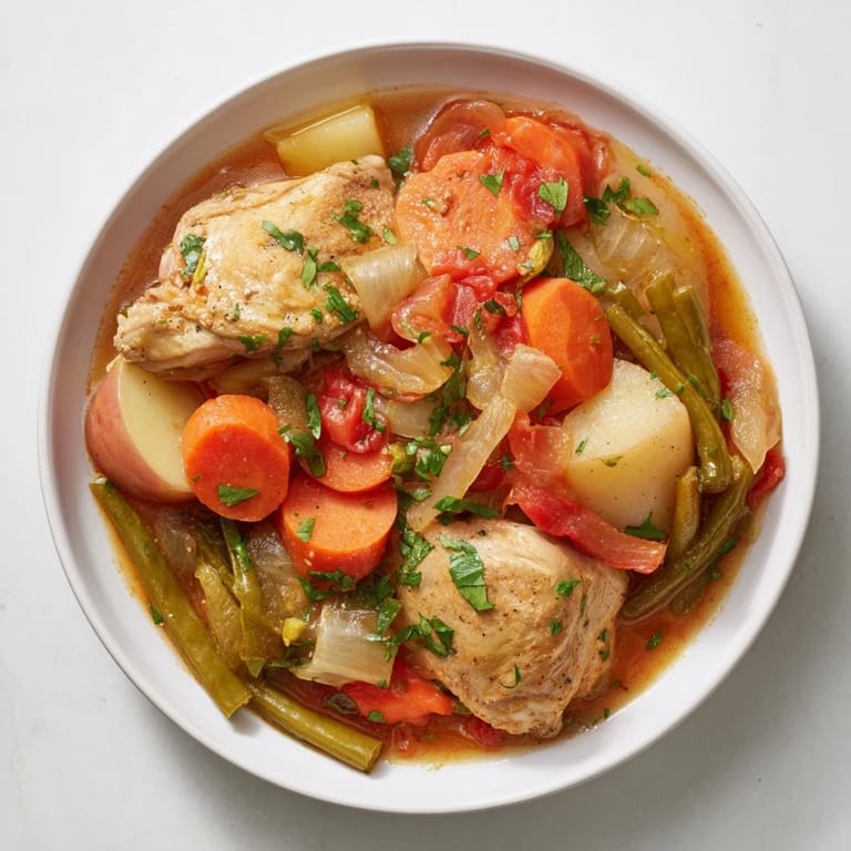 Homemade Slow-Cooker Chicken & Vegetable Stew, garnished with fresh parsley, offering a comforting aroma.