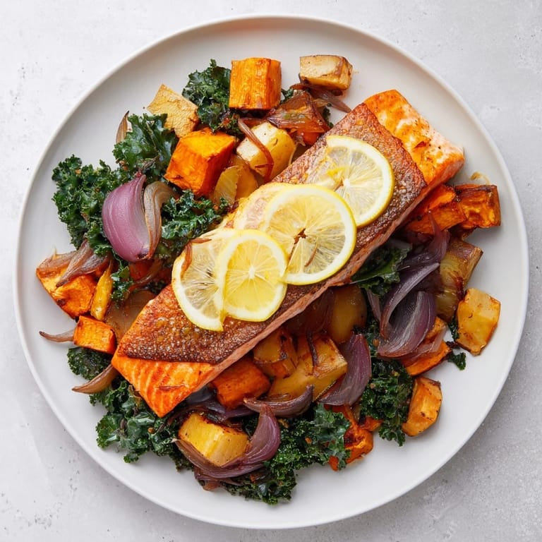 Flaky, moist Sheet-Pan Salmon sitting atop vibrant roasted root vegetables, a complete meal.