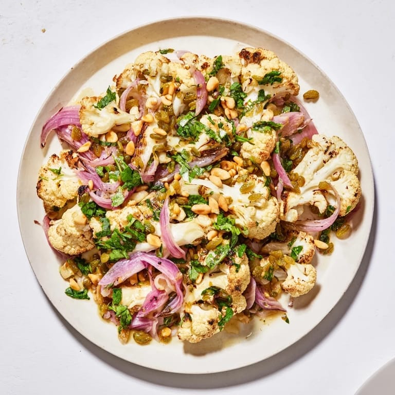 Golden, roasted cauliflower florets tossed in zesty lemon pine-nut dressing—a delicious, vegetarian salad.