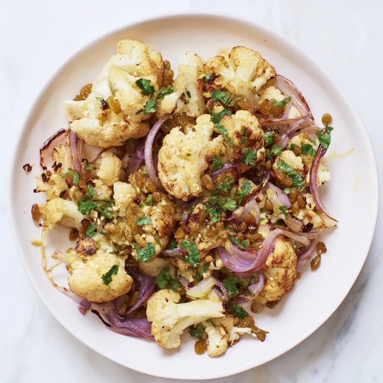 Vibrant Warm Roasted Cauliflower & Lemon Pine-Nut Dressing Salad, perfect for a Mediterranean-inspired dinner.