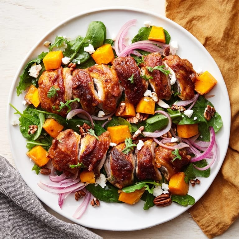 Imagine a close-up of a warm Roasted Chicken & Winter Squash Sheet-Pan Salad packed with flavor and texture.