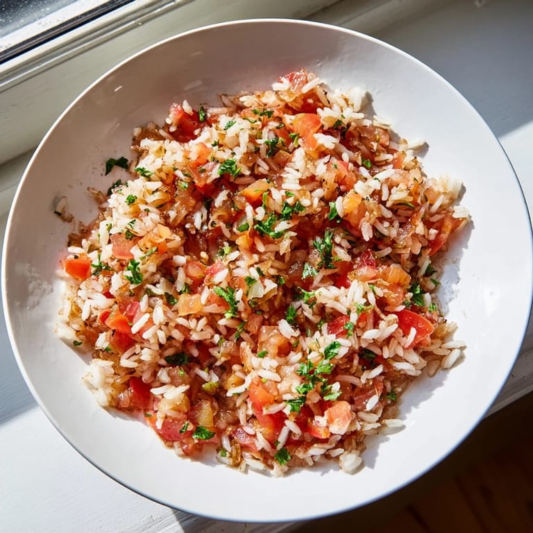 A beautifully plated Tomato-Rice Skillet Dinner: fluffy rice mingled with tomatoes, ready to serve, simple and delicious.