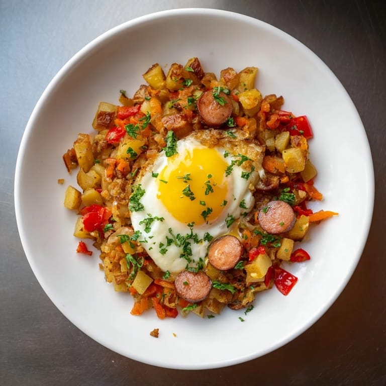 Savory Egg & Potato Hash with Hot Dogs boasting crispy edges; a classic comfort food meal.