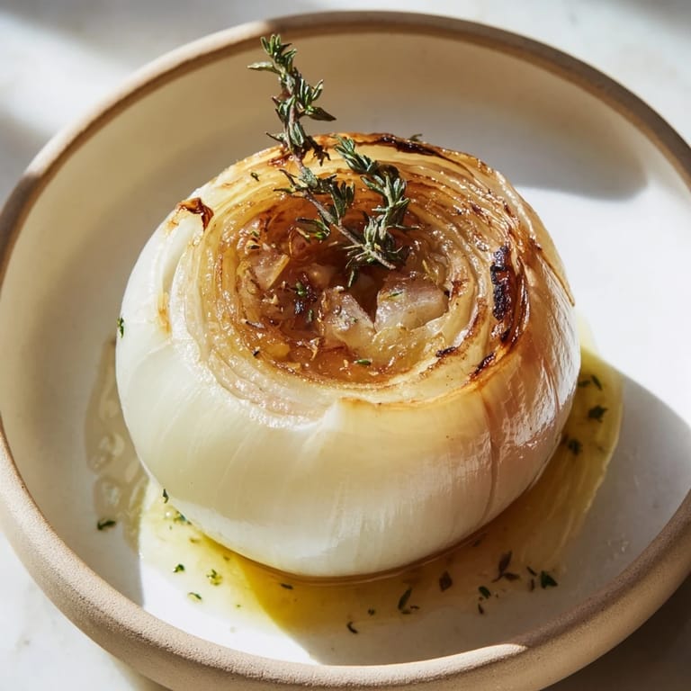 Golden-brown Onion Boil: Savory, whole roasted onions with thyme and garlic—a delicious vegetarian option.