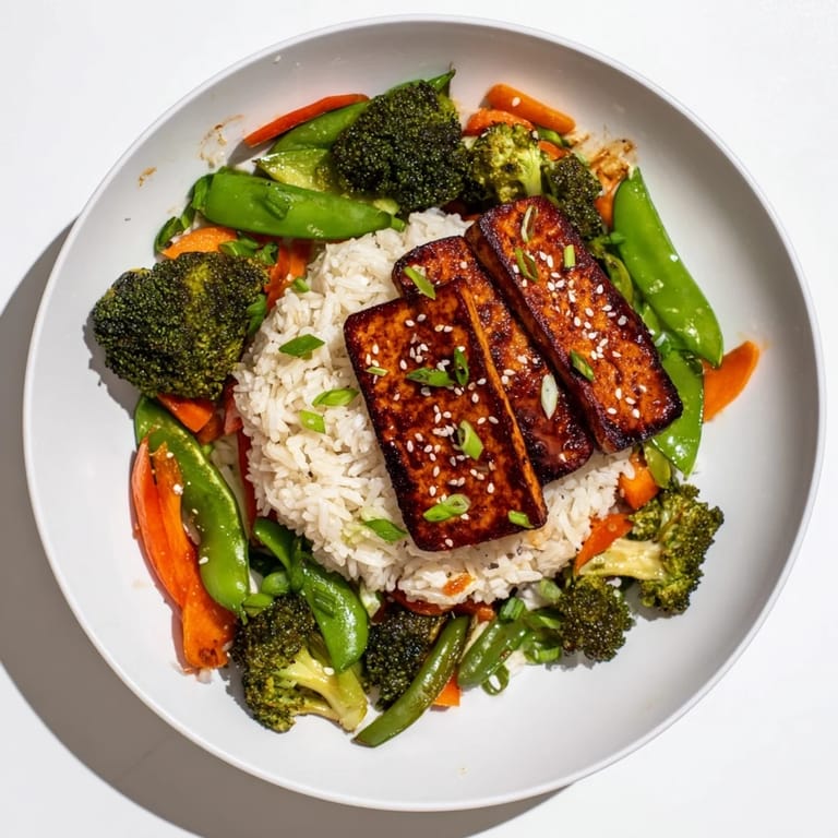 A steaming plate of colorful stir-fried vegetables and tofu steaks, perfect for a vegan dinner.