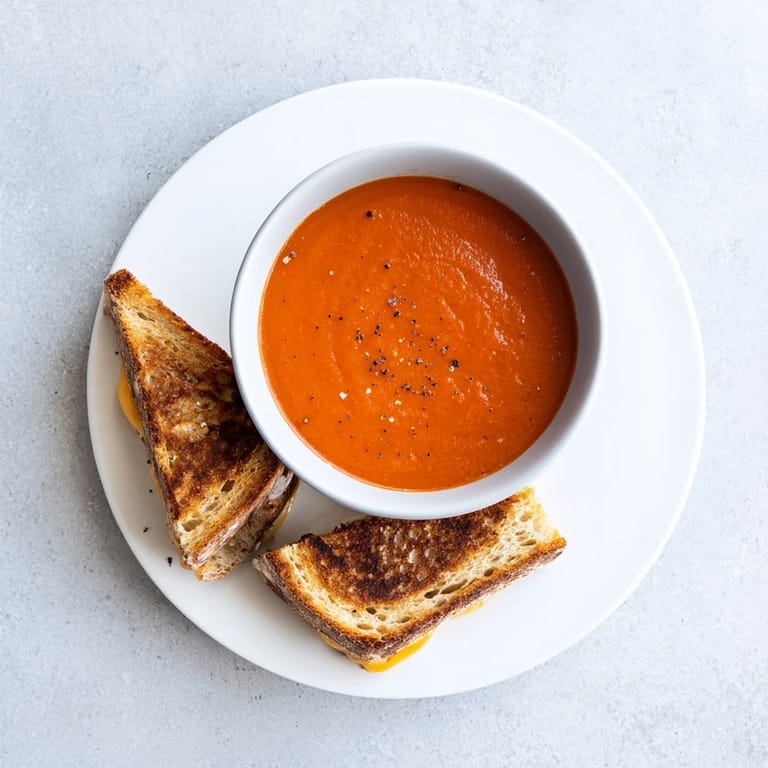 A close-up of the creamy 5-Ingredient Tomato Soup and cheesy grilled cheese, ready to eat.