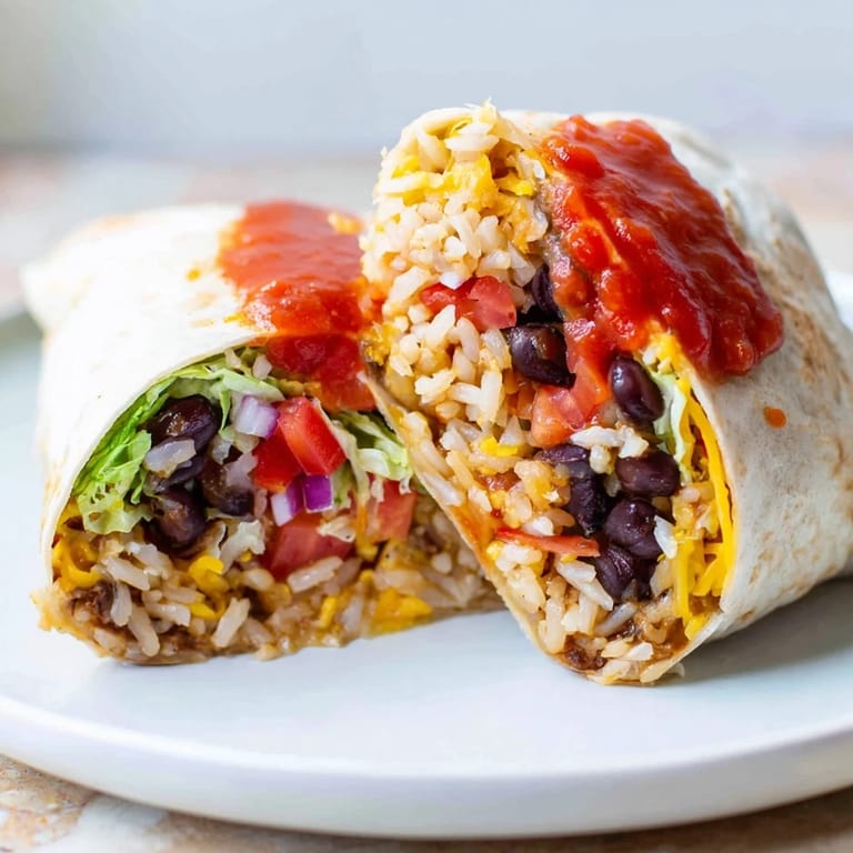 A beautifully assembled Rice & Bean Burrito shows off the layers of savory ingredients, perfect for a quick dinner.