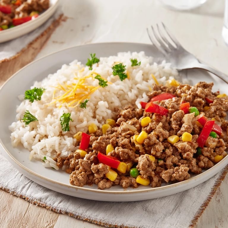 A flavorful Ground Beef Skillet with Veggies & Rice, an easy American recipe, appealing and delicious.