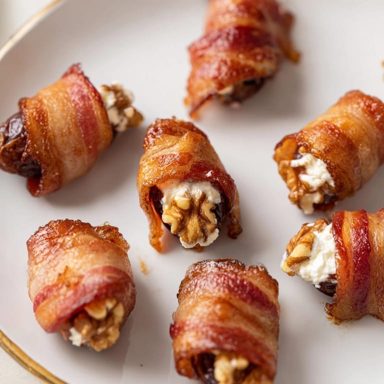 Savory bacon wrapped dates featuring warm, melted cheese and walnut inside, ready to serve.